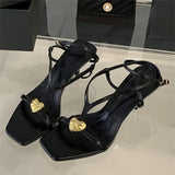 xajzpa Summer Fashion Metal Buckle Narrow Band Sandals Women Band Open Toe Thin Low Heel Gladiator Party Shoes Zapatos De Mujer