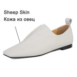 Genuine Leather Loafers For Women Sheep Skin Fashion Pleated Office Lady Flat Slip On Soft Lazy Shoes Square Toe Loafers