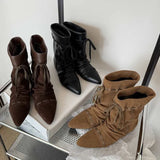 Xajzpa New Style Luxury Women's Thin Heel Short Boots Fashion Pointed Wide Tube Folded Stacked Boots Women's Large Ankle Boots
