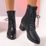 Xajzpa  Autumn Lace Up Thick Heels Ankle Boots Women Plus Size Zip Pu Leather Boots Woman Retro High Heeled Short Booties Mujer