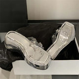 Xajzpa Diamond PVC Transparent Slippers Women Solid Platform Wedges Shoes Summer Square Toe High Heels Sandals