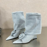 Xajzpa Fashion Street Style Design Flowers Peep Pointed Toe Women Ankle Boots Sandals Wedges High Heels Ladies Shoes