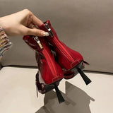 Xajzpa Sexy Pointed Toe Belt Buckle Women Ankle Boots Thin Heels Patent Leather Autumn Zipper Party Shoes