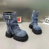 Xajzpa Med Heel Boots Round Toe Women's Genuine Leather Shoes Zipper Boots-Women  Over-the-Knee Rubber 2025 Lolita Lace-Up Western Floc