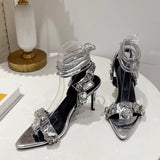 Xajzpa Sexy Ankle Strap Golded Sandals Women Party Nightclub Stripper Heels High Quality Crystal Diamond Pointed Toe Wedding Shoe