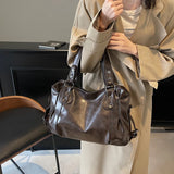 Xajzpa 1 Piece Women's Pure Color Pu Retro Large Capacity Shoulder Tote Bag