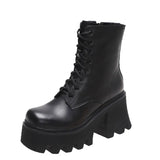 Xajzpa Punk Goth Ankle Boots Women Black Chunky Wedge Platform Shoes Woman Lace Autumn Patent Leather Footwear Lady Botas Mujer