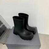 Xajzpa - Luxury Brand Rubber Rain Boots Women Solid Color Ankle Boots For Women Chunky Heel Platform Boots Women Square Toe Slip On Boots