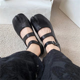 xajzpa Split Toe Flats Shoes Buckle Strap Women Comfort Bottom Ballerina Shoes Soft Leather Solid Outdoor Footwear