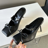 Xajzpa Bowknot Square Toe Women Slippers Pumps Sexy Buckle Strap Thin Heels Banquet Prom Mule Shoes