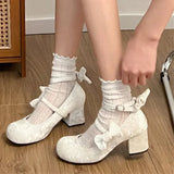 Xajzpa High heeled Mary Jane shoes Women New French Velvet Thick Heel Pumps Female Square Heel Single Shoes White Party Sandals