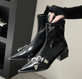 Xajzpa Autumn winter pointed belt buckle thick heel short boots for women high heels back zipper soft leather slimming short boots