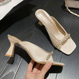 Xajzpa Elegant Satin Slippers for Women Luxury Rhinestone Chain Square Toe Slide Sandals Summer Sexy Open Toe Party Shoe Designer Shoes