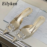 Xajzpa New Fashion Crystal Thin Heels Mules Women Slippers Elegant Pointed Toe Banquet Party Prom Ladies Shoes
