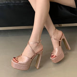 Xajzpa  Fashion Rhinestone High Heels Women Sexy Sandals Crystal Silk Ankle Strap Female Square Toe Chunky Platform Shoes Black