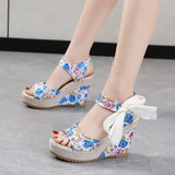 Xajzpa   Summer Beach Boho Floral Wedge Sandals Women Ankle Strap Platform Gladiator Shoes Woman High Heels Sandalias Mujer