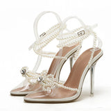 Xajzpa Sexy White String Bead Women Transparent High Heels Summer Fashion Butterfly-Knot Clear Sandals Pointed Toe Shoes Pumps
