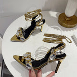 Xajzpa Sexy Ankle Strap Golded Sandals Women Party Nightclub Stripper Heels High Quality Crystal Diamond Pointed Toe Wedding Shoe