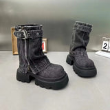 Xajzpa Med Heel Boots Round Toe Women's Genuine Leather Shoes Zipper Boots-Women  Over-the-Knee Rubber 2025 Lolita Lace-Up Western Floc