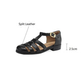 New Women Sandals Retro Split Leather Roman Sandals Casual Buckle Strap Summer Shoes GLADIATOR Round Toe Thick Heel Women Shoes