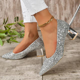 Xajzpa Silver Glitter Thick Heels Pumps Women Luxury Pointed Toe Party Wedding Shoes Woman Plus Size 42 Shallow High Heels Pumps Ladies