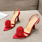 Xajzpa Summer Fashion Silk Rose Flowers Pointed Open Toe Back Strap Sandals Women Red High Heels Wedding Prom Shoes Zapatos Mujer