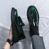 Fashion Thick Bottom Men's Business Patent Leather Shoes Slip-on Tassel Shoes Student Shoes Office Loafers Black Shoes Kerae