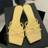 Xajzpa Summer Narrow Band Buckle Strap Slippers Women Square Toe Stiletto Low Heels Slide Mules Party Shoes Zapatos De Mujer