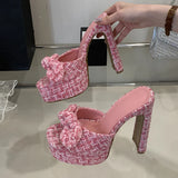 Xajzpa Fashion Pink Cloth Bowknot Designer Sandal Square Toe Super High Heels Platform Slippers Women Summer Party Banquet Shoes
