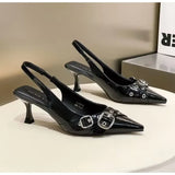 Xajzpa Luxury Brand Designer Women Sandals Fashion Pointed Toe Buckle Strap Metal High Heeled Kitten Heel Elegant Single Shoes Female