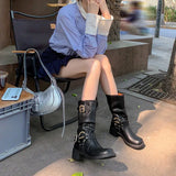 Xajzpa Med Heel Boots Round Toe Women's Genuine Leather Shoes Zipper Boots-Women  Over-the-Knee Rubber 2025 Lolita Lace-Up Western Floc