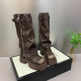 Xajzpa Med Heel Boots Round Toe Women's Genuine Leather Shoes Zipper Boots-Women  Over-the-Knee Rubber 2025 Lolita Lace-Up Western Floc