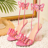 Xajzpa Sexy Pink Ankle Strap Transparent Strange Heels Sandals Women High Quality Handmade Butterfly Open Toe Party Prom  Shoes
