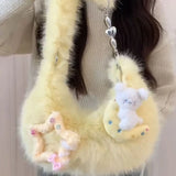 Xajzpa - Fashion Shoulder Bag Solid Color Soft Plush Heart Sweet Cute Handbag New Fall Winter Korean Style Designers Underarm Bag