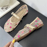 Xajzpa Embroidered Flower Mesh Fabric Flat Heels Women Sandals Fashion Round Toe Buckle Strap Casual Mule Shoes