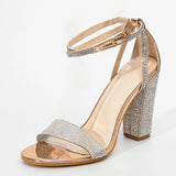 Xajzpa Fashion Glitter Rhinestones Square High Heels Sandals Summer Open Toe Crystal Ankle Strap Women Party Prom Shoes Sandalias