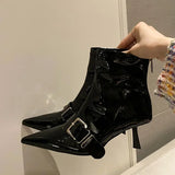 Xajzpa Sexy Pointed Toe Belt Buckle Women Ankle Boots Thin Heels Patent Leather Autumn Zipper Party Shoes