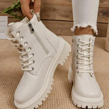 Xajzpa Thick Warm Long Plush Ankle Boots for Women Winter Lace Up Pu Leather Motorcycle Boots Woman Plus Size Short Booties Shoes