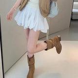 Xajzpa New Style Luxury Women's Retro Brown Western Cowboy Long Boots Women's Fashionable Mid-Calf Pointed Toe Booties Zapatos Mujer