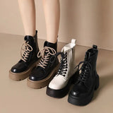Xajzpa British Style Autumn Platform Shoes for Women Fashion Lace Up Round Toe Ankle Boots for Women Chunky Heel Ladies Short Boots