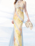 Xajzpa Fashion Printed Patchwork Dress Women's Camisole Stretch Lace Fishtail Dresses 2025 Summer New Tide
