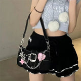Xajzpa - Y2k Cool Shoulder Bag for Women Heart Letter Star Applique Chain Black Handbag Hip Hop Punk High Quality Cute Underarm Bag