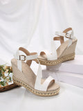 One word buckle lady slope heel platform sandal new style straw-woven high-heeled muffin Roman shoes European and n style