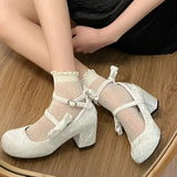 Xajzpa High heeled Mary Jane shoes Women New French Velvet Thick Heel Pumps Female Square Heel Single Shoes White Party Sandals