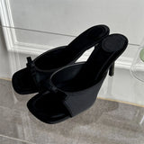 xajzpa Summer Fashion Butterfly-knot Satin Women Slipper Slip On Ladies Sandal Thin High Heel Outdoor Dress Slides Shoes