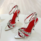 Xajzpa Summer Fashion Gem Rivet Narrow Band Women's Metal Thih High Heels Sandals Sexy Pointed Open Toe Party Dress Shoes Size 41