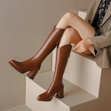 Xajzpa   Shoes for Women New Fashion Pointed Toe Thick Heel Women's Knee High Boots Winter Warm Brown Long Boots Zapatos De Mujer