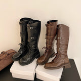 Xajzpa New Style Women's Autumn Platform Lace Up Knight Boot Round Toe Pull-on Chunky Heel Belt Buckle Knee High Boots Motercycle Boots