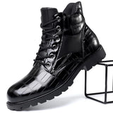 Xajzpa Men Shiny Mid-cut Boots Autumn Lace-up Crocodile Leather Men's Shoe Thick-soled Non-slip Motorcycle Ankle Boots Large Size 38-48