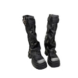 Xajzpa Med Heel Boots Round Toe Women's Genuine Leather Shoes Zipper Boots-Women  Over-the-Knee Rubber 2025 Lolita Lace-Up Western Floc